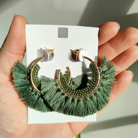 Green Boho Tassel Earrings - Picture 3 of 9